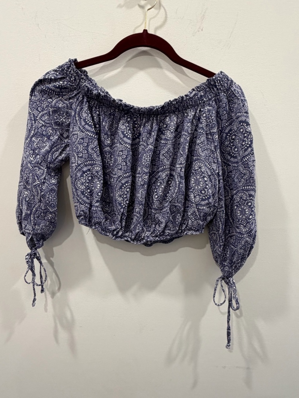 Spoiled Navy Paisley Blue Printed Off-Shoulder Crop Top with Ties‎ western rodeo